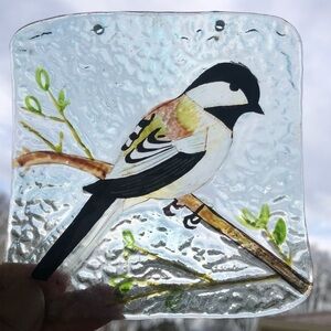 Sparrow on a Branch Reverse Painted Square Glass Tile Wall Decor Sun Catcher